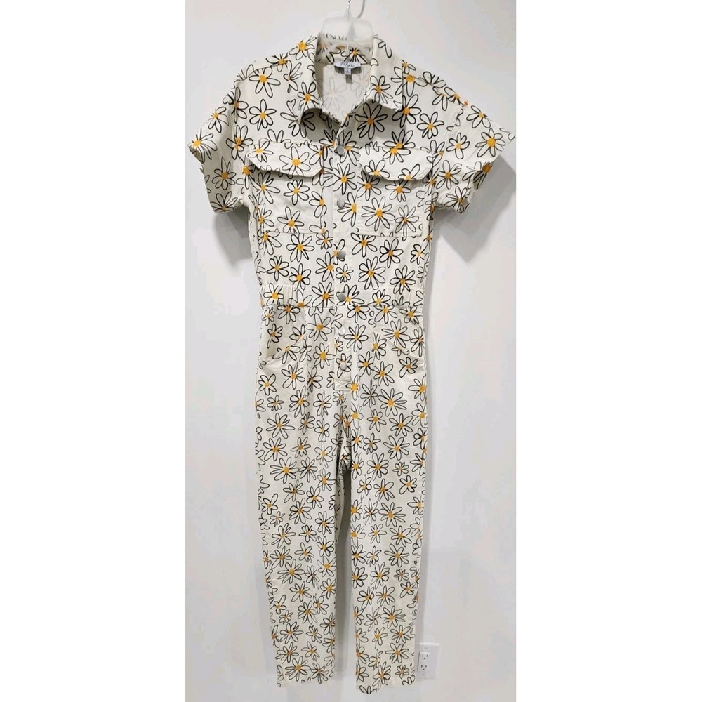 Polagram Women Sz S Jumpsuit Cream Daisy Print Sort Sleeves Button Down Packets